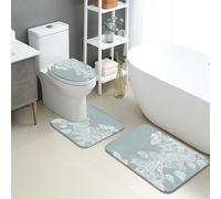 Set di tappetini da bagno eleganti, 3 pezzi, morbido motivo a foglia blu, assorbente, antiscivolo, a forma di U, lavabili, in memory foam, ad asciugatura rapida, set di tappeti da bagno