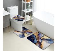 Set di tappetini da bagno eleganti, 3 pezzi, motivo astratto blu oro marmo assorbente antiscivolo a forma di U lavabile, moderno ed elegante in flanella ad asciugatura rapida