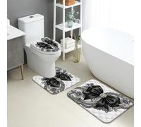 Set di tappetini da bagno eleganti, 3 pezzi, motivo con fiocco in pizzo nero, assorbenti e antiscivolo, a forma di U, lavabili, stile classico, vintage, ad asciugatura rapida, in flanella