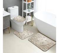 Set di tappetini da bagno eleganti, 3 pezzi, motivo floreale classico, assorbente, antiscivolo, a forma di U, lavabile, in flanella ad asciugatura rapida per tutto l'anno