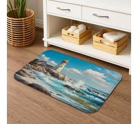 Set di tappetini da bagno estivi, 3 pezzi, motivo faro costiero vista oceano, assorbente, antiscivolo, a forma di U, lavabile, in memory foam, ad asciugatura rapida, 50 x 81 cm