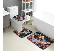 Set di tappetini da bagno fantasiosi, 3 pezzi, simpatici animali dei cartoni animati floreali assorbenti antiscivolo tappeti da bagno a forma di U lavabili stagionali ad asciugatura rapida in flanella