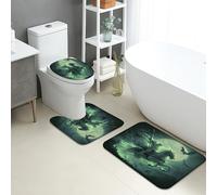Set di tappetini da bagno fantasy, 3 pezzi, verde scuro, motivo creature mitiche, assorbenti, antiscivolo, a forma di U, lavabili, arte gotica, ad asciugatura rapida, in flanella