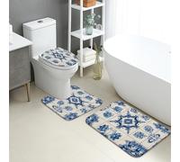 Set di tappetini da bagno in ceramica, 3 pezzi, eleganti tappeti da bagno blu assorbenti antiscivolo a forma di U lavabili, design classico, ad asciugatura rapida, in flanella