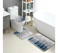 Set di tappetini da bagno in cotone, 3 pezzi, motivo floreale blu morbido, assorbente, antiscivolo, a forma di U, lavabile, ispirato alla primavera, ad asciugatura rapida, in flanella