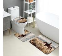 Set di tappetini da bagno in stile campagna, 3 pezzi, con paesaggio rustico di cavalli assorbenti, antiscivolo, a forma di U, lavabili, in flanella, ad asciugatura rapida, set di tappeti da bagno in