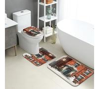 Set di tappetini da bagno invernali, 3 pezzi, rustici in mattoni rossi, assorbenti, antiscivolo, a forma di U, lavabili, accoglienti e innevati, ad asciugatura rapida, in flanella