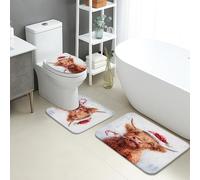 Set di tappetini da bagno natalizi, 3 pezzi, fantasioso, mucca delle Highland, Babbo Natale, assorbente, antiscivolo, a forma di U, lavabile, divertente set di tappeti da bagno in flanella ad
