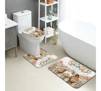 Set di tappetini da bagno pasquali, 3 pezzi, con coniglietto rustico, palline di galleggiamento d'aria, assorbenti e antiscivolo, a forma di U, lavabili, motivo floreale primaverile, ad asciugatura
