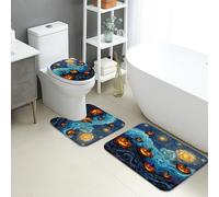 Set di tappetini da bagno per Halloween, 3 pezzi, motivo a vortice di zucca, assorbente, antiscivolo, a forma di U, lavabile, in memory foam, ad asciugatura rapida, per autunno e notte