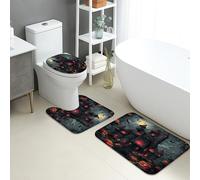 Set di tappetini da bagno per Halloween, 3 pezzi, motivo castello stregato scuro, assorbente, antiscivolo, a forma di U, lavabile, gotico spettrale ad asciugatura rapida, in flanella