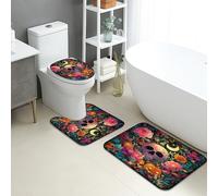 Set di tappetini da bagno per Halloween, 3 pezzi, motivo floreale colorato con teschio, assorbente, antiscivolo, a forma di U, lavabile, decorativo autunnale, ad asciugatura rapida, in flanella
