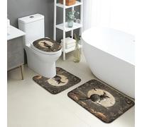 Set di tappetini da bagno per Halloween, 3 pezzi, motivo spettrale gatto, strega, scopa, assorbente, antiscivolo, a forma di U, lavabile, vintage, motivo floreale scuro, ad asciugatura rapida, in