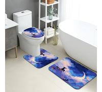 Set di tappetini da bagno per Halloween, 3 pezzi, motivo strega su scopa e nuvola, assorbenti e antiscivolo, a forma di U, lavabile, notte spettrale ad asciugatura rapida in memory foam