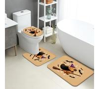 Set di tappetini da bagno per Halloween, 3 pezzi, simpatica strega scopa assorbente, antiscivolo, a forma di U, lavabile, in flanella ad asciugatura rapida, set di tappeti da bagno in flanella