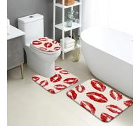 Set di tappetini da bagno per San Valentino, 3 pezzi, motivo romantico bacio rosso con labbra assorbenti, antiscivolo, a forma di U, lavabili, morbidi e ad asciugatura rapida, in memory foam