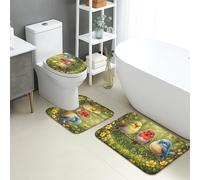 Set di tappetini da bagno primaverili, 3 pezzi, colorati uccelli e fiori, assorbenti, antiscivolo, a forma di U, lavabili, ispirati alla natura, ad asciugatura rapida, in flanella