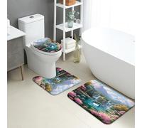 Set di tappetini da bagno primaverili, 3 pezzi, design floreale ad acquerello assorbente, antiscivolo, a forma di U, lavabili, ispirati alla natura, ad asciugatura rapida, in memory foam, set di
