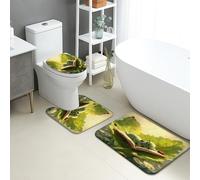 Set di tappetini da bagno primaverili, 3 pezzi, motivo foglie di bruco verde, assorbenti e antiscivolo, a forma di U, lavabili, ispirati alla natura, ad asciugatura rapida, in memory foam