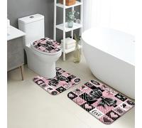 Set di tappetini da bagno romantici, 3 pezzi, colore nero, pesca, fiocco, cuori, floreale, assorbente, antiscivolo, a forma di U, lavabile, motivo amore, ad asciugatura rapida, in flanella