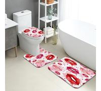 Set di tappetini da bagno romantici, 3 pezzi, motivo: labbra di pesca, acquerello, assorbente, antiscivolo, a forma di U, lavabili, tema amore, ad asciugatura rapida, in flanella