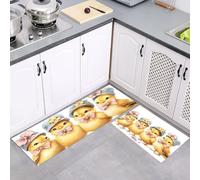Set di Tappetini da Cucina Antiscivolo 2 Pezzi, Tappeti Cappello Fiocco Pulcino Carino Lavabili Resistente all'olio, per Corridoio Sala da Pranzo Ingresso, Giallo, 43x75cm+43x150cm