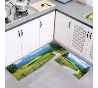 Set di Tappetini da Cucina Antiscivolo 2 Pezzi, Tappeti Colline Pascoli Paesaggi Strade Lavabili Resistente all'olio, per Corridoio Sala da Pranzo Ingresso, Blu-verde, 40x60cm+40x120cm
