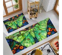Set di Tappetini da Cucina Antiscivolo 2 Pezzi, Tappeti Falena Luna Fiori Vetro Arte Lavabili Resistente all'olio, per Corridoio Sala da Pranzo Ingresso, Verde brillante, 40x60cm+40x120cm