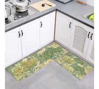 Set di Tappetini da Cucina Antiscivolo 2 Pezzi, Tappeti Illustrazione Di Foresta Paesaggio Inglese Lavabili Resistente all'olio, per Corridoio Sala da Pranzo Ingresso, Verde Giallo, 40x60cm+40x120cm