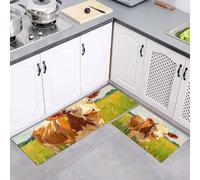 Set di Tappetini da Cucina Antiscivolo 2 Pezzi, Tappeti Pascolo Mucche Pittura A Olio Lavabili Resistente all'olio, per Corridoio Sala da Pranzo Ingresso, Giallo Verde, 40x60cm+40x120cm