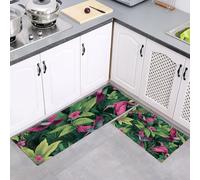 Set di Tappetini da Cucina Antiscivolo 2 Pezzi, Tappeti Piante Della Giungla Uccelli Tropicali Lavabili Resistente all'olio, per Corridoio Sala da Pranzo Ingresso, Verde smeraldo, 43x75cm+43x150cm