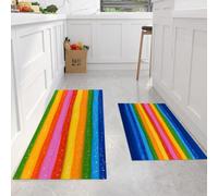 Set Di Tappetini Da Cucina Blocchi Di Colore Orizzontali Arcobaleno Antiscivolo Lavabili, 2 Pezzi, Tappeti E Zerbini Da Cucina Stile Pittura Ad Olio Denso per Decor Della Casa Ufficio 40x60cm+40x120cm