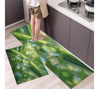 Set Di Tappetini Da Cucina Fili D'Erba Gocce Di Rugiada, Antiscivolo E Lavabili, 2 Pezzi, Tappeti E Zerbini Da Cucina Piante Fresche per Decorazione Della Casa, Ufficio, Scrivania 45x75cm+45x150cm