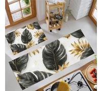 Set Di Tappetini Da Cucina Foglie Tropicali Color Oro Nero, Antiscivolo E Lavabili, 2 Pezzi, Tappeti E Zerbini Da Cucina Lusso Sobrio Ed Eleganza per Decorazione Della Casa, Scrivania 45x75cm+45x150cm