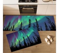 Set Di Tappetini Da Cucina Foreste Di Conifere Aurora Boreale, Antiscivolo E Lavabili, 2 Pezzi, Tappeti E Zerbini Da Cucina Paesaggi Naturali Polari per Decor Della Casa Ufficio 45x75cm+45x150cm
