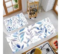 Set Di Tappetini Da Cucina Rettangolari Assorbenti - Stampa Semplici Foglie Acquerellate Tappeto Azzurro Cielo Comfort Lavabile Tappeto Da Bagno, Piante Naturali Antiscivolo Casa Soggiorno Decor