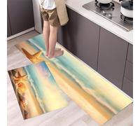 Set di Tappetini da Cucina Stelle Marine E Conchiglie, Assorbenti d'acqua, Tappeti Belle Spiagge Antiscivolo Durevoli per Cucina, Lavanderia, Camera da Letto, 43x75cm+43x150cm, Azzurro Chiaro
