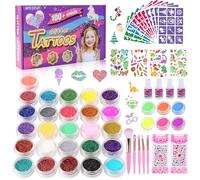 Set di tatuaggi con glitter per bambini, 32 colori, 139 stencil per tatuaggi con glitter | 40 + tatuaggi temporanei per bambini, 238 glitter viso e 4 colle, regalo per ragazze e feste di compleanno