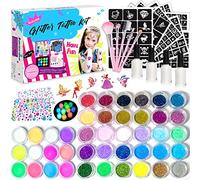 Set di tatuaggi glitterati per bambini, 42 colori (glitter, 12 fluorescenti, lucidi di notte), 219 stencil, 213 strass, 5 pennelli, 4 adesivi (fácil da lavare, non irrita la pelle)
