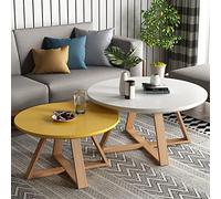 Set di tavolini da caffè rotondi impilabili, gambe in legno di pino, facili da montare, resistenti ed eleganti per soggiorno, finitura bianca e gialla, dimensioni 80 cm + 60 cm, decorazione perfetta.