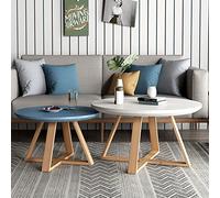 Set di tavolini rotondi impilabili, bianco e blu, 80 cm + 60 cm, gambe in legno di pino, facile da montare, mobili eleganti per soggiorno, design moderno, durevole e funzionale