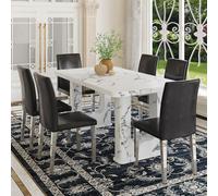 Set di tavolo da pranzo moderno in finto marmo da 163,8 cm, per 6 persone, bianco con scultura base a doppio piedistallo e accenti in vetro temperato, tavolo da pranzo rettangolare per cucina, facile