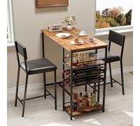 Set di tavolo da pranzo per 2 persone con sedie imbottite, set da 3 pezzi con ripiani aperti, portabicchieri e portabottiglie integrati, design industriale moderno per cucine, appartamenti, marrone