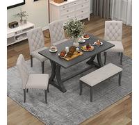 Set di tavolo da pranzo rustico da 6 pezzi con tavolo rettangolare a cavalletto e 4 sedie e panca imbottite, in legno massello, set per 6 persone, bottoni trapuntati, decorazione con testa a chiodo
