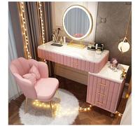 Set di tavolo da toeletta a LED con specchio per trucco e sgabello, 5 cassetti, cassettiera per camera da letto, tavolo da toeletta rosa per ragazze, mobili cosmetici con sgabello