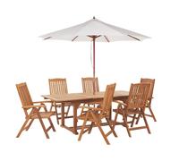 Set di tavolo e 6 sedie da giardino con ombrellone legno di acacia Java