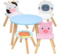 Set di tavolo e sedia in legno per bambini con 4 posti - mucca maiale pecora e sgabello per adulti per attività artistiche natalizie, cene, giochi di finzione, mobili durevoli per la casa, asilo nido