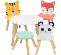 Set di tavolo e sedia in legno per bambini con 4 posti - Tiger Panda Fox e sgabello per adulti - Colorare arti e mestieri, cenare, fingere di giocare - Mobili durevoli per sala giochi, asilo nido per