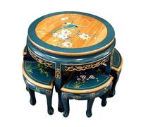 Set di tavolo rotondo e sgabelli in stile cinese dipinto a mano, 5 pezzi in legno di olmo massiccio, arte floreale e uccelli, design nidificante salvaspazio, finitura blu vintage per casa,(70CM*78CM)