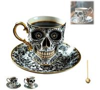 Set di tazza da caffè con piattino con teschio reale, tazza da tè in porcellana gotica con finiture dorate, tazza da caffè per Halloween per collezionisti e amanti del caffè, regalo unico con teschio